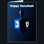 Shiny Blue Dreidel Cards<br><div class="desc">A modernistic,  metallic,  blue dreidel against a dark,  night-like background.  Two of the Hebrew letters found on a dreidel,  nun and shin,  glow brightly.  English text reading "Happy Hanukkah" also appears in glowing blue and white.</div>