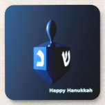 Shiny Blue Dreidel Drink Coaster<br><div class="desc">A modernistic,  metallic blue dreidel against a dark,  night-like background.  Two of the Hebrew letters found on a dreidel,  nun and shin,  glow brightly.  Text reading "Happy Hanukkah" also appears in glowing blue and white.</div>