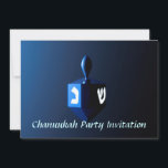 Shiny Blue Dreidel Invitation<br><div class="desc">A modernistic,  metallic blue dreidel against a dark,  night-like background.  Two of the Hebrew letters found on a dreidel,  nun and shin,  glow brightly.</div>