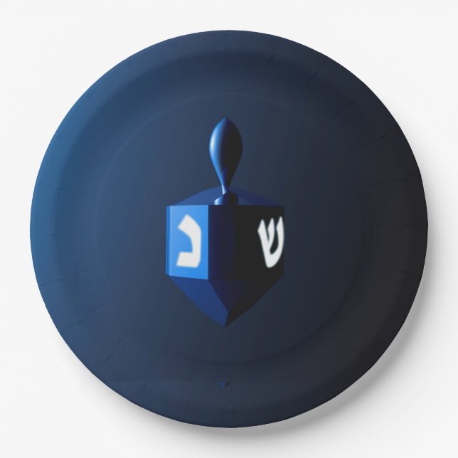 Shiny Blue Dreidel Paper Plates (Front)