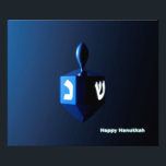 Shiny Blue Dreidel Photo Print<br><div class="desc">A modernistic,  metallic blue dreidel against a dark,  night-like background.  Two of the Hebrew letters found on a dreidel,  nun and shin,  glow brightly.  Text reading "Happy Hanukkah" also appears in glowing blue and white.</div>