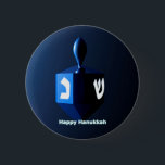 Shiny Blue Dreidel Pinback Button<br><div class="desc">A modernistic, metallic blue dreidel against a dark, night-like background. Two of the Hebrew letters found on a dreidel, nun and shin, glow brightly. Text reading "Happy Hanukkah" also appears in glowing blue and white.</div>