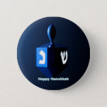 Shiny Blue Dreidel Pinback Button<br><div class="desc">A modernistic,  metallic blue dreidel against a dark,  night-like background.  Two of the Hebrew letters found on a dreidel,  nun and shin,  glow brightly.  Text reading "Happy Hanukkah" also appears in glowing blue and white.</div>