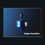 Shiny Blue Dreidel Postcard<br><div class="desc">A modernistic, metallic blue dreidel against a dark, night-like background. Two of the Hebrew letters found on a dreidel, nun and shin, glow brightly. Text reading "Happy Hanukkah" also appears in glowing blue and white.</div>