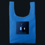 Shiny Blue Dreidel Reusable Bag<br><div class="desc">A modernistic,  metallic blue dreidel against a dark,  night-like background.  Two of the Hebrew letters found on a dreidel,  nun and shin,  glow brightly.  Add your own text.</div>