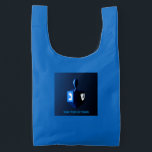 Shiny Blue Dreidel Reusable Bag<br><div class="desc">A modernistic,  metallic blue dreidel against a dark,  night-like background.  Two of the Hebrew letters found on a dreidel,  nun and shin,  glow brightly.  Add your own text.</div>