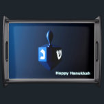 Shiny Blue Dreidel Serving Tray<br><div class="desc">A modernistic,  metallic blue dreidel against a dark,  night-like background.  Two of the Hebrew letters found on a dreidel,  nun and shin,  glow brightly.  Text reading "Happy Hanukkah" also appears in glowing blue and white.</div>