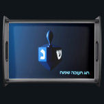 Shiny Blue Dreidel Serving Tray<br><div class="desc">A modernistic,  metallic blue dreidel against a dark,  night-like background.  Two of the Hebrew letters found on a dreidel,  nun and shin,  glow brightly.  Hebrew text reading "Chag Chanukkah Sameach" (Happy Hanukkah) also appears in glowing blue and white.</div>