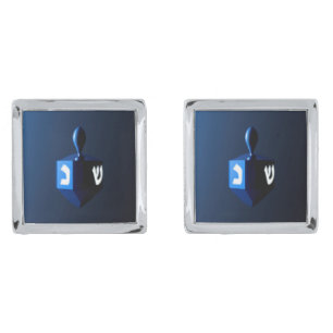 Shiny Blue Dreidel Silver Cufflinks