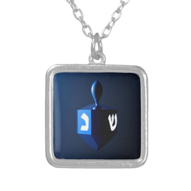 Shiny Blue Dreidel Silver Plated Necklace (Front)