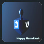 Shiny Blue Dreidel Square Sticker<br><div class="desc">A modernistic,  metallic blue dreidel against a dark,  night-like background.  Two of the Hebrew letters found on a dreidel,  nun and shin,  glow brightly.  Text reading "Happy Hanukkah" also appears in glowing blue and white.</div>