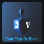 Shiny Blue Dreidel Square Sticker<br><div class="desc">A modernistic,  metallic blue dreidel against a dark,  night-like background.  Two of the Hebrew letters found on a dreidel,  nun and shin,  glow brightly.  Add your own text.</div>