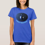 Shiny Blue Dreidel T-Shirt<br><div class="desc">A modernistic,  metallic blue dreidel against a dark,  night-like background.  Two of the Hebrew letters found on a dreidel,  nun and shin,  glow brightly. Text reading "Happy Hanukkah!" also appears in glowing blue and white.</div>