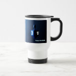 Shiny Blue Dreidel Travel Mug<br><div class="desc">A modernistic,  metallic blue dreidel against a dark,  night-like background.  Two of the Hebrew letters found on a dreidel,  nun and shin,  glow brightly.  Text reading "Happy Hanukkah" also appears in glowing blue and white.</div>
