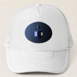 Shiny Blue Dreidel Trucker Hat<br><div class="desc">A modernistic,  metallic blue dreidel against a dark,  night-like background.  Two of the Hebrew letters found on a dreidel,  nun and shin,  glow brightly.</div>