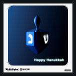 Shiny Blue Dreidel Wall Decal<br><div class="desc">A modernistic,  metallic blue dreidel against a dark,  night-like background.  Two of the Hebrew letters found on a dreidel,  nun and shin,  glow brightly.  Text reading "Happy Hanukkah" also appears in glowing blue and white.</div>