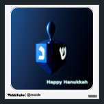 Shiny Blue Dreidel Wall Decal<br><div class="desc">A modernistic,  metallic blue dreidel against a dark,  night-like background.  Two of the Hebrew letters found on a dreidel,  nun and shin,  glow brightly.  Text reading "Happy Hanukkah" also appears in glowing blue and white.</div>