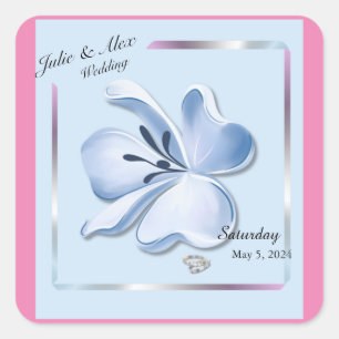 Shiny Blue Flower Wedding Wine Bottle Labels