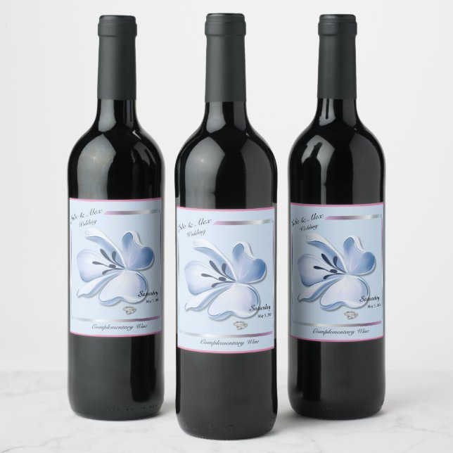 Shiny Blue Flower Wedding Wine Bottle Labels (Bottles)
