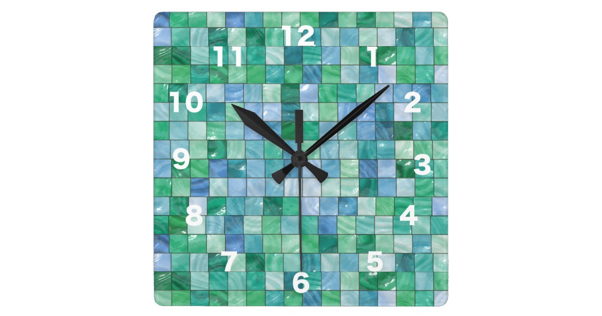 Shiny Blue Green Faux Glass Block Tile Mosaic Square Wall Clock