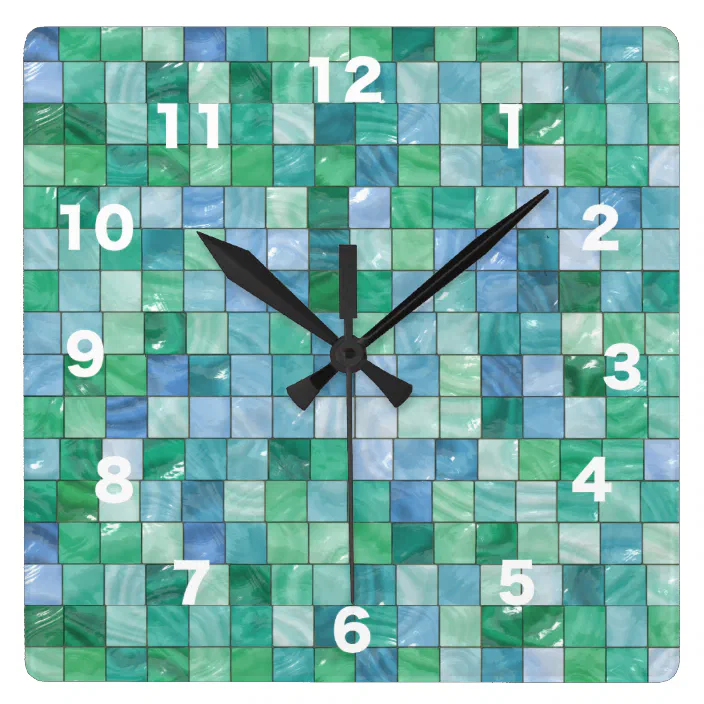 Shiny Blue Green Faux Glass Block Tile Mosaic Square Wall Clock Zazzle Com