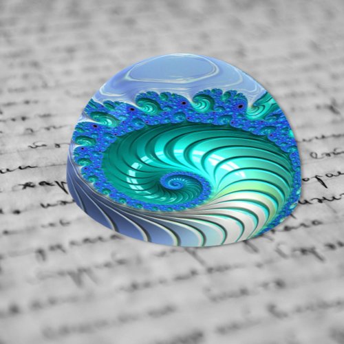 Shiny Blue Green Fractal Nautilus Shell Spiral Paperweight