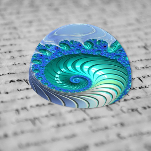 Shiny Blue Green Fractal Nautilus Shell Spiral Paperweight (Creator Uploaded)