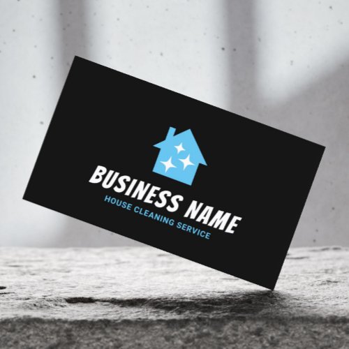Shiny Blue House Cleaning Service Minimalist Black Business Card