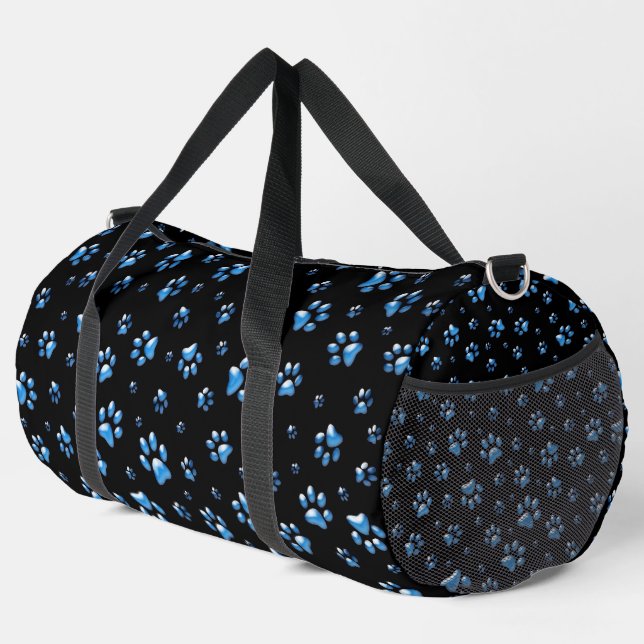 Shiny Blue Paws on black Background Print Pattern Duffle Bag (Right Corner)