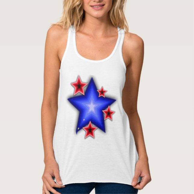 Shiny Blue & Red Stars Flowy Racerback Tank Top (Front)