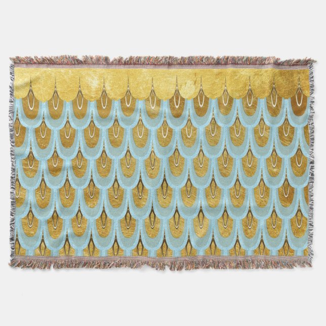 Shiny Blue Teal Glitter Mermaid Fish Scales Throw Blanket (Front)