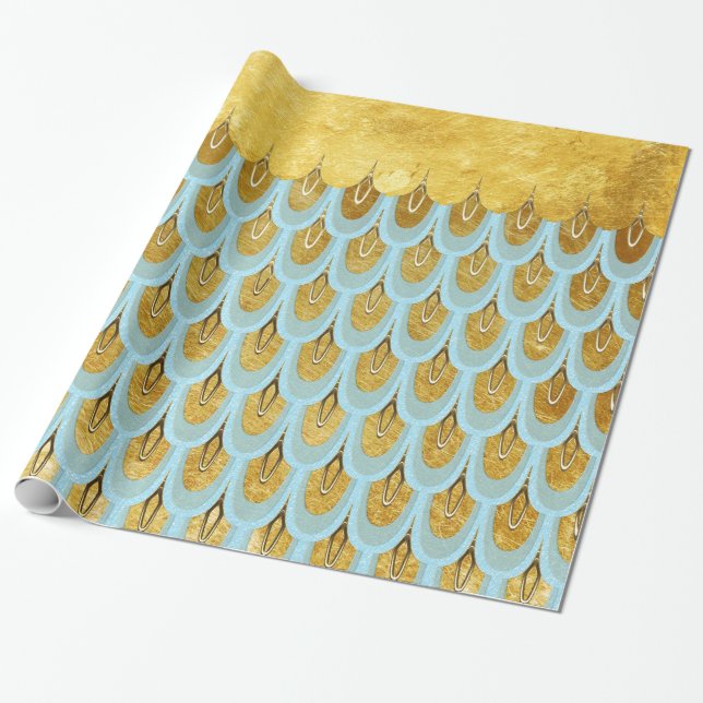 Shiny Blue Teal Glitter Mermaid Fish Scales Wrapping Paper (Unrolled)