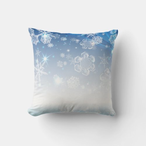 Shiny Blue Winter Wonderland Crystal Snowflakes Throw Pillow