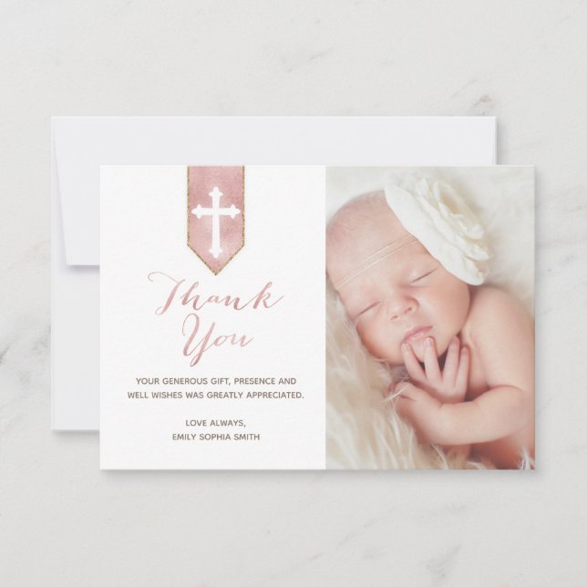 Shiny Blush Rose Script Baptism Thank You Photo Card (Front)