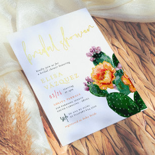 Shiny Boho Desert Cactus & Flowers Bridal Shower Foil Invitation