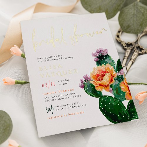 Shiny Boho Desert Cactus  Flowers Bridal Shower Foil Invitation