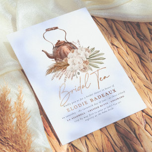 Shiny Boho Floral Pampas Grass Tea Bridal Shower Foil Invitation