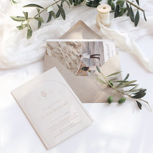 Shiny Boho Minimalist Floral Arch Photo Wedding  Foil Invitation