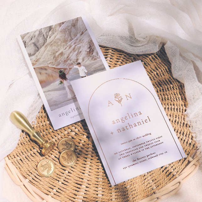 Shiny Boho Minimalist Floral Arch Photo Wedding  Foil Invitation (Creator Uploaded)