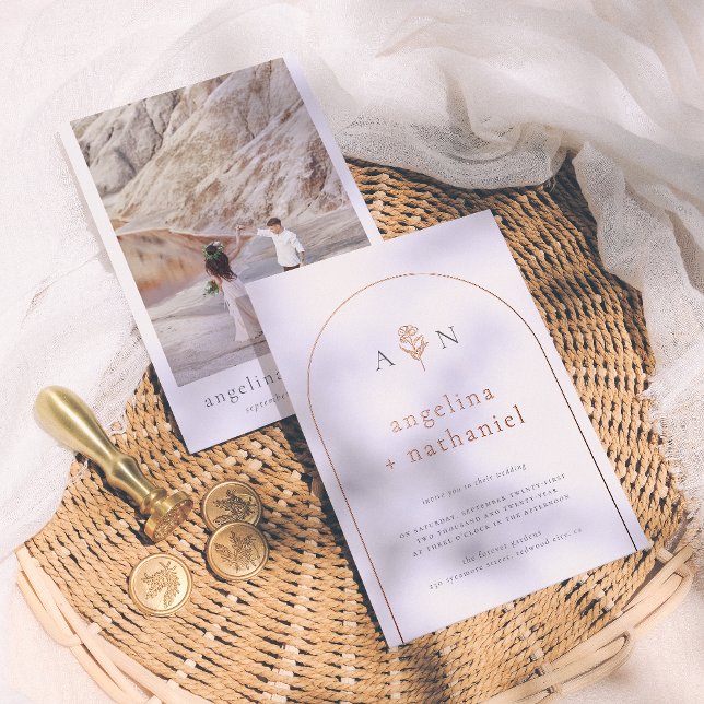 Shiny Boho Minimalist Rose Arch & Photo Wedding Foil Invitation (Creator Uploaded)