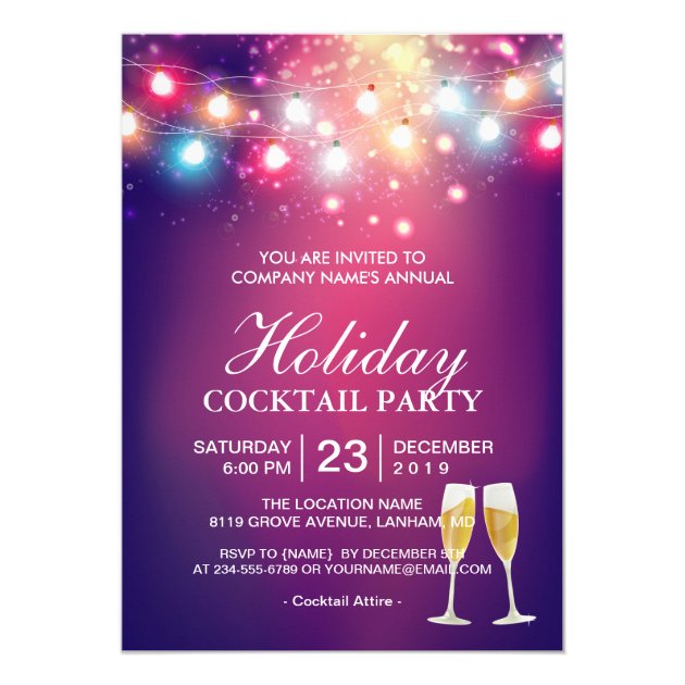 Shiny Bokeh String Lights Holiday Cocktail Party Invitation