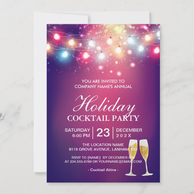 Shiny Bokeh String Lights Holiday Cocktail Party Invitation (Front)