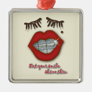 Shiny Braces, Red Lips, Mole, and Thick Eyelashes Metal Ornament