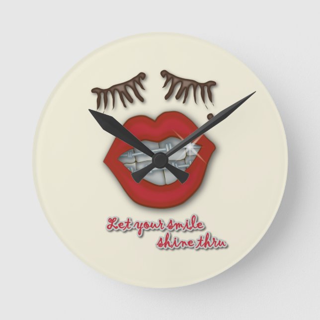 Shiny Braces, Red Lips, Mole, and Thick Eyelashes Round Clock (Front)