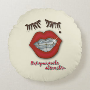 Shiny Braces, Red Lips, Mole, and Thick Eyelashes Round Pillow