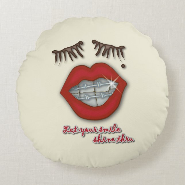 Shiny Braces, Red Lips, Mole, and Thick Eyelashes Round Pillow (Front)