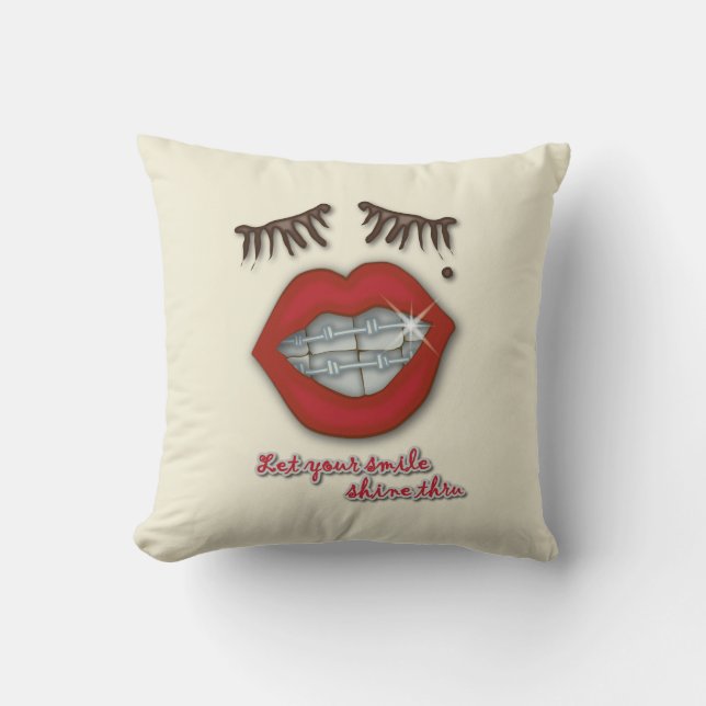 Shiny Braces, Red Lips, Mole, and Thick Eyelashes Throw Pillow (Front)