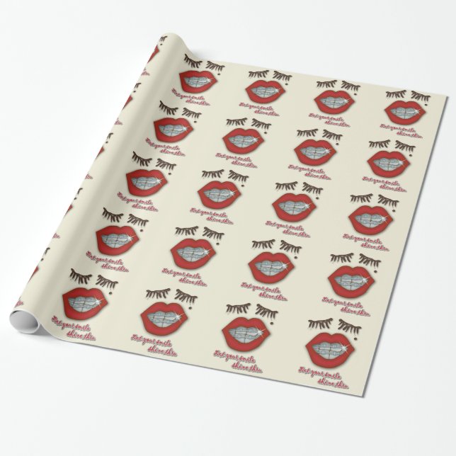 Shiny Braces, Red Lips, Mole, and Thick Eyelashes Wrapping Paper (Unrolled)