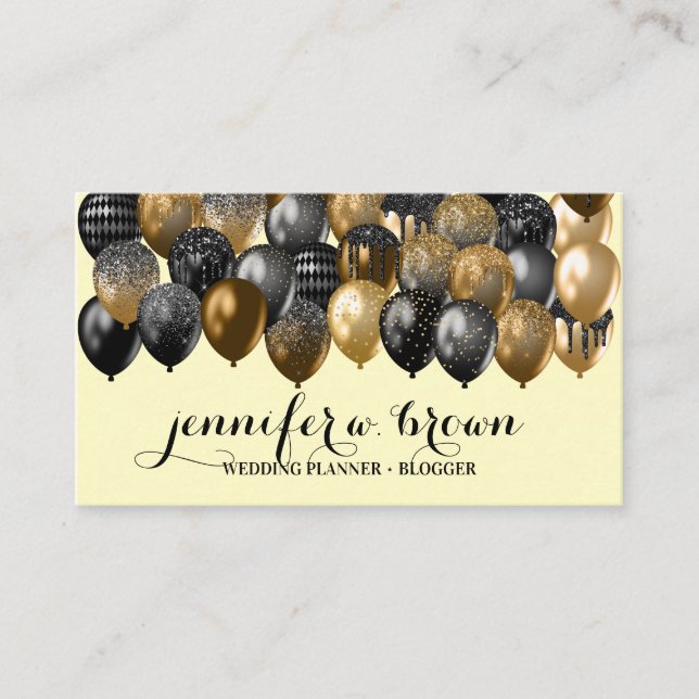 Shiny Bronze Black Balloons on Yellow Backgrounds Business Card (Front)