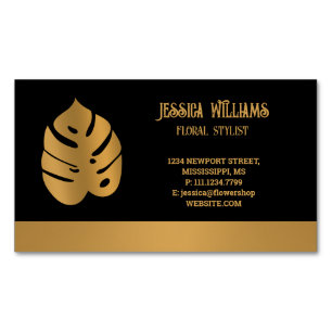 Shiny Bronze Flower Monstera Leaves on black Business Card Magnet